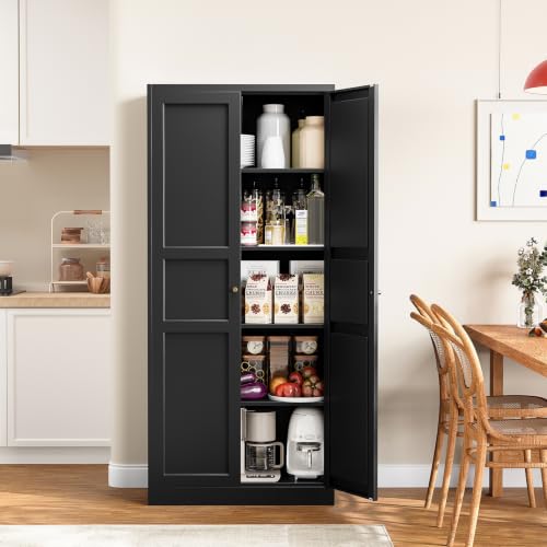 Metal Storage Cabinet with 2 Doors and 4 Adjustable Shelves - 71" Black Kitchen Pantry Storage Cabinet, 4-Tier Tall Steel Cabinet Locker for Kitchen, Living Room, Dining Room - color: Black, size: 71"H without Feet