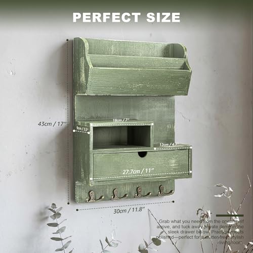 Rebee Vision Pine Wood Key Holder Wall Mount with Drawer & Mail Slot, Green | Mail and Key Organizer, 4 Key Hooks, Stores Letters , Small Items, Adds Office Style, Perfect Envelope Holder for Room Decor - color: Green