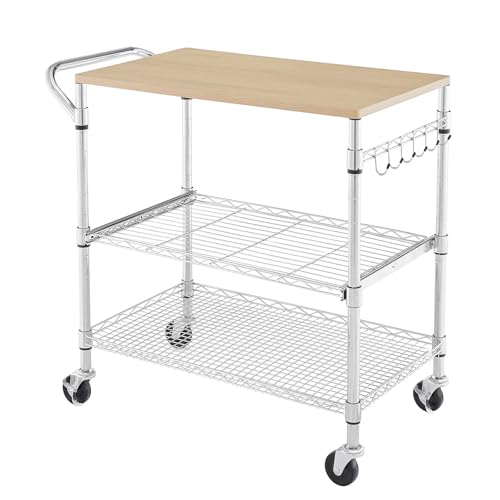 3 Tier Rolling Kitchen Cart with Wood Tabletop, Kitchen Island Carts with Wheels & Slider Shelf, Microwave Cart on Wheels, Coffee Cart with Hooks, 35.4" L*18.1" W*31.9" H，Wood+Chrome - size: 35.4"L*18.1"W*31.9"H with Slider Shelf