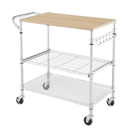 3 Tier Rolling Kitchen Cart with Wood Tabletop, Kitchen Island Carts with Wheels & Slider Shelf, Microwave Cart on Wheels, Coffee Cart with Hooks, 35.4" L*18.1" W*31.9" H，Wood+Chrome - size: 35.4"L*18.1"W*31.9"H with Slider Shelf