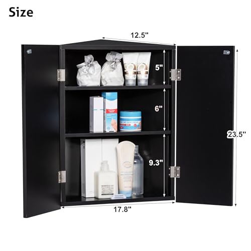 eclife 24" Bathroom Corner Medicine Cabinet W/Mirror, Double Doors Bathroom Black Wall Mount Mirror Cabinet, Hanging Triple Shelf Storage Cabinet Opens Left and Right - color: Black, size: 18"-Double Doors