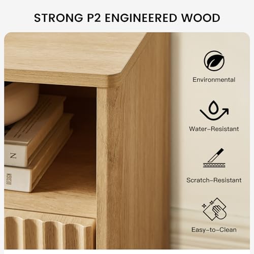 Amada 59" Wide Fluted Storage TV Stand for TVs up to 65", Natural | Elegant fluted wood panels, 3 drawers, 3 open shelves, cable holes, smooth metal slides, wide metal handles, rounded edges