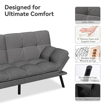 Vipbear Convertible Futon Sofa Bed,Grey Linen Fabric Futon Couch with Detachable Cushion,Adjustable Backrest & Armrest,Modern Loveseat Sleeper Recliner for Living Room,Office,Apartment