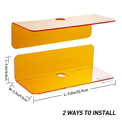 OAPRIRE Small Acrylic Floating Wall Shelves Set of 2, Flexible Use of Wall Space, 9 Inch Adhesive Display Shelf for Security Cameras/Smart Speaker/Action Figures, with Cable Clips - Clear Orange | Strong Tape Adhesive Wall Shelf, Easy Installation, Hole D