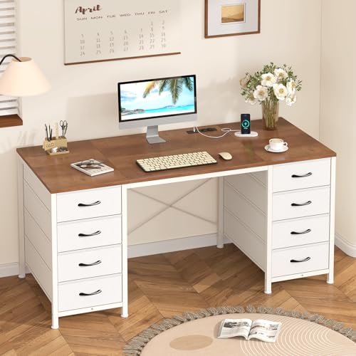50 Inch Computer Desk with 8 Drawers for Home Office, Bedroom, Living Room | Home Office Desk with Power Outlets, Work Study Gaming Desk with 8 Fabric Drawers, Brown & White - color: Brown and White, size: 18.9"D x 50.4"W x 29.3"H