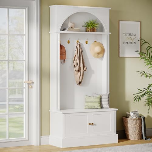Tribesigns Hall Tree with Bench and Shoe Storage, 4-in-1 Design Entryway Bench with Coat Rack, 70.86" Tall Mudroom Rack with 5 Double Hooks and Adjustable Shelf for Hallway (White) - color: White