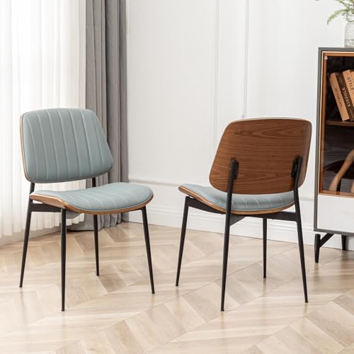 LUNLING Dining Chairs Set of 2,Mid Century Modern Retro Faux Leather Chair with Walnut Bentwood Upholstered Seat Metal Legs Adjustable Foot for Kitchen Dining Room Chairs(Blue) - color: Blue, size: Set of 2