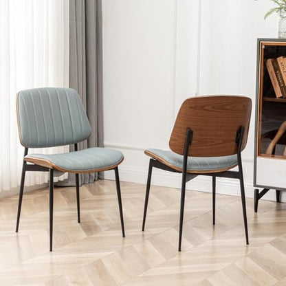 LUNLING Dining Chairs Set of 2,Mid Century Modern Retro Faux Leather Chair with Walnut Bentwood Upholstered Seat Metal Legs Adjustable Foot for Kitchen Dining Room Chairs(Blue) - color: Blue, size: Set of 2