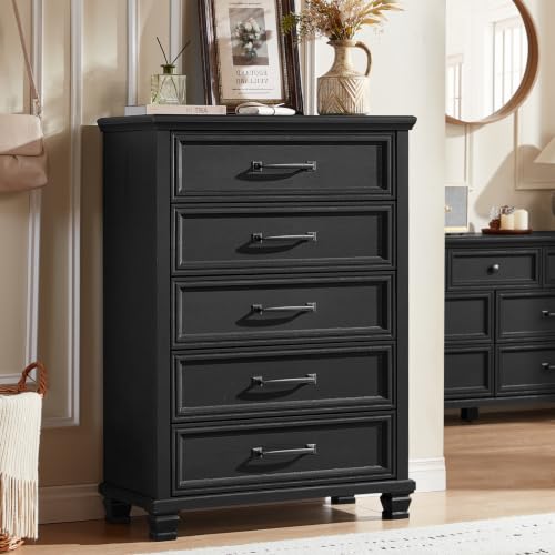 Farmhouse 5 Drawer Dresser for Bedroom, Black | 45” Tall Vertical Dressers Chest of Drawers with Reinforced Top & Square Wooden Legs - color: Black, size: 16"D x 32"W x 45"H (5 Drawers)