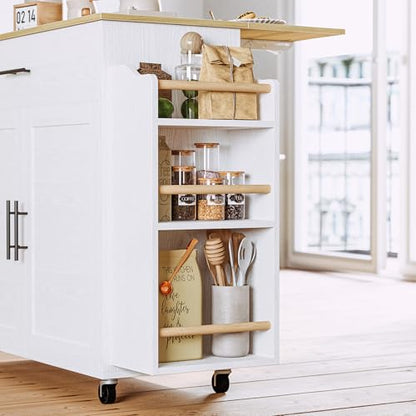 IRONCK Kitchen Island with Storage, Charging Station and Drop Leaf, White | Wheels, Drawers, Open Shelves, Drawer Storage, Everyday Home Use - color: White