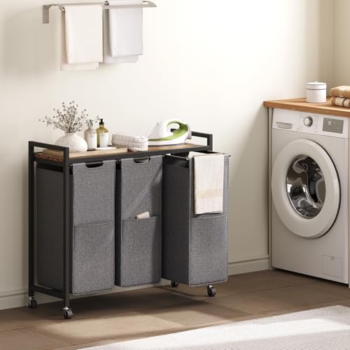 HOOBRO Laundry Sorter 3 Section, Laundry Hamper with Wheels, 3 × 11.5 Gal (43.4L), Rolling Laundry Basket, Pull-Out and Removable Oxford Fabric Laundry Bags, Rustic Brown and Grey BFG76XY01 - color: Rustic Brown + Gray