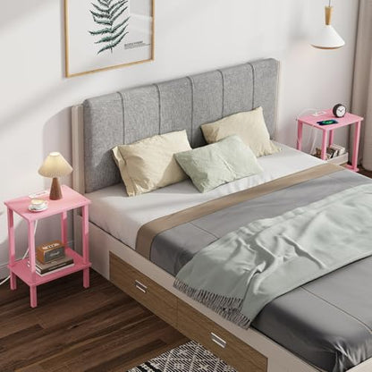 TUTOTAK End Table with Charging Station, Side Table Set of 2, Nightstand | 2-Tier Storage Shelf, Bedside Table with USB Ports, Sofa Table for Small Space, Livingroom, Bedroom Pink TB01BP041 - color: Pink