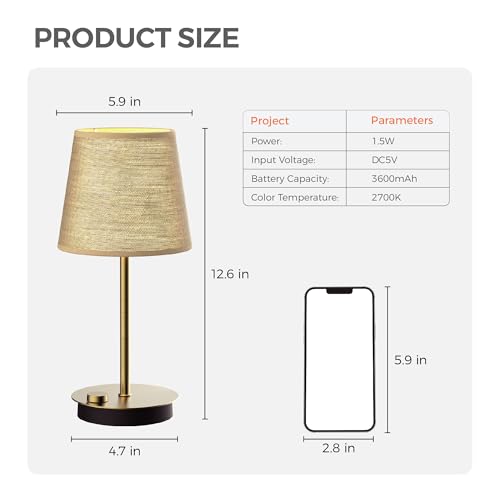 Rechargeable Cordless Table Lamp with Fabric Shade, 2 Pack, Brass | 3600mAh Battery Operated Table Lamp, 2700K Warm Light, Stepless Dimming, for Bedroom, Dining Room, Living Room