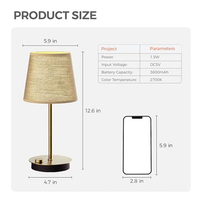 Rechargeable Cordless Table Lamp with Fabric Shade, 2 Pack, Brass | 3600mAh Battery Operated Table Lamp, 2700K Warm Light, Stepless Dimming, for Bedroom, Dining Room, Living Room