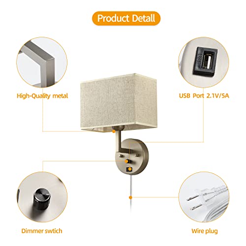 Plug in Wall Sconce with Dimmer Switch and USB Port，1-Light 9.5“Rectangular Linen Fabric Shade，Bedside Wall Lamp Satin Nickel Finish，Wall Lamps Perfect for Bedroom, Living Room and Hotel - color: Silver