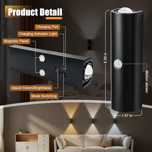 2 Pack Motion Sensor Wall Light, Rechargeable Wall Sconces | Wall Sconces Battery Operated with 3 Colors & Dimmable, Magnetic Wireless Wall Sconces for Stair Bedroom Hallway (Black) - color: Black