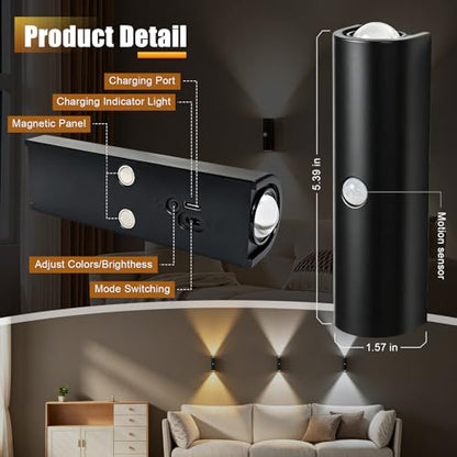 2 Pack Motion Sensor Wall Light, Rechargeable Wall Sconces | Wall Sconces Battery Operated with 3 Colors & Dimmable, Magnetic Wireless Wall Sconces for Stair Bedroom Hallway (Black) - color: Black