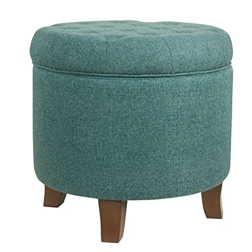HomePop by Kinfine Fabric Upholstered Round Storage Ottoman - Button Tufted Ottoman with Removable Lid, Teal Woven - color: Teal Woven