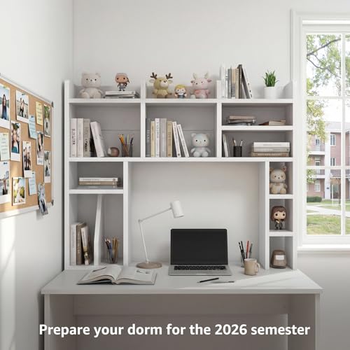 NUTIKAS White Desk Hutch Dorm with Shelves and File Organizer - 37" Wood Desktop Hutch for College Room, Desktop Bookshelf for Computer Desk, Space Saving Bookshelf