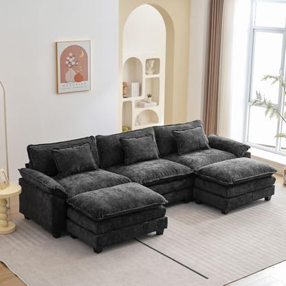 120" Modular Sectional Sofa, Comfy Deep Cloud Couch with Ottoman | U-Shaped Couches for Living Room, Modular Couch, Deep and Wide Seat, Chenille Sofa Sleeper with Throw Pillows, Black - color: Black, size: 120 Inch U