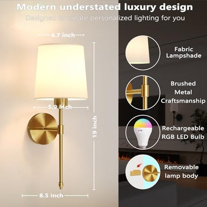 Battery Operated Wall Sconces Set of 2, Wireless Rechargeable Dimmable Wall Light with 5600mAh RGB Bulb and Remote for Bedroom, Living Room, Hallway, Gold, 19in - color: Gold, size: 19 Inch Set of 2