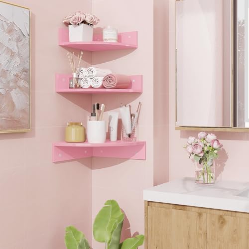 Corner Shelf Wall Mount, Set of 3 Corner Floating Shelves with Cable Hole, 3 Tier Wood Corner Hanging Shelves, Living Room Bedroom Bathroom, Pink - color: Pink