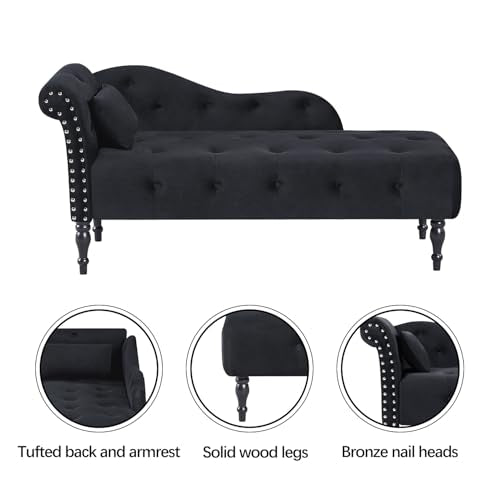 60" Modern Velvet Chaise Lounge Indoor, Upholstered Chair with Left Armrest and Lumbar Pillow, Button Tufted Lounge Sofa for Living Room Bedroom Office, Mini Chaise Longue Sofa (Black) - color: Black