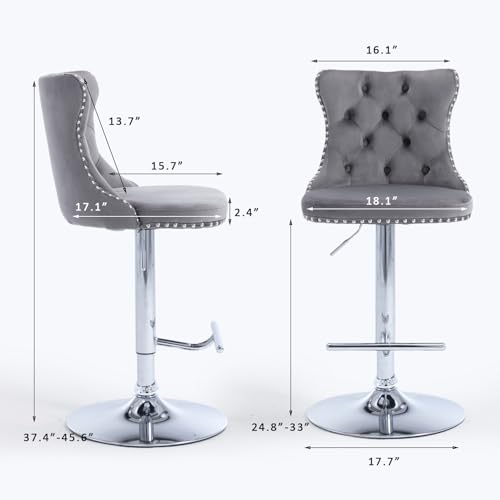 Velvet Bar Stool Set of 2, Adjustable Swivel Bar Stools with Silver Plated Metal Leg, Button Tufted, Footrest, Chrome Nailhead, Counter Height Chair for Kitchen, Bar, Dining Room (Grey) - color: Grey-silver Leg, size: Set of 2