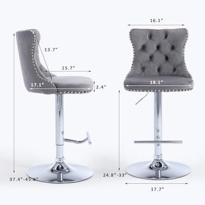 Velvet Bar Stool Set of 2, Adjustable Swivel Bar Stools with Silver Plated Metal Leg, Button Tufted, Footrest, Chrome Nailhead, Counter Height Chair for Kitchen, Bar, Dining Room (Grey) - color: Grey-silver Leg, size: Set of 2