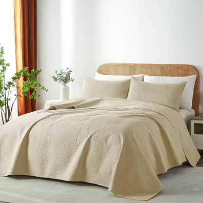 WURUIBO Full/Queen Quilt Set Beige,Ultrasonic Embossed Bedspread, Lightweight Microfiber Coverlet, Modern Thin Bedding Set for All Season, 3 Piece(1 Quilt,2 Pillow Shams) - color: Beige, size: Full/Queen(90"x96")