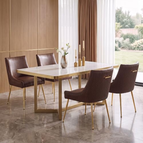Faux Leather Dining Chairs Set of 4, Gold Legs Accent Kitchen Chairs, Brown | Mid Century Modern Chairs with Gold Pull Handle, Upholstered PU Leather Chairs for Dining, Kitchen, Living Room, Restaurant - color: Pu-brown, size: Set of 4