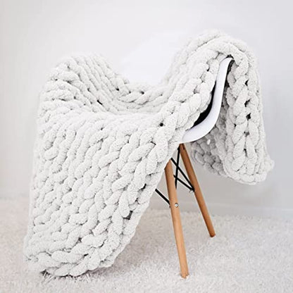 Chunky Knit Blanket White Chenille Yarn Tight Chunky Knit Throw Blanket for Sofa Bed 39x39 Handmade Boho Bed Throw - color: White, size: 39x39"