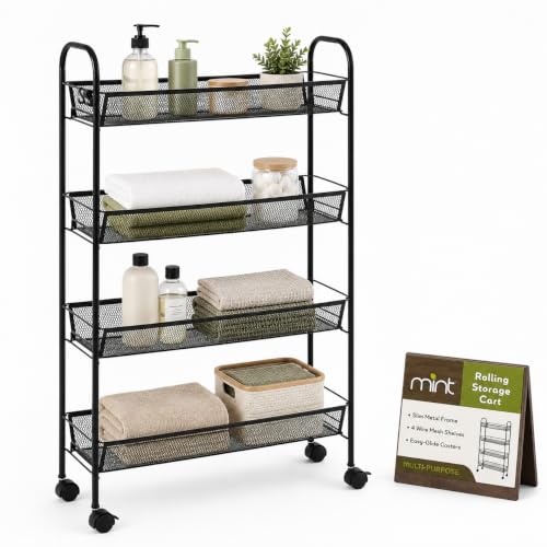 American Dream Black 4-Tier Mesh Basket Rolling Cart with Wheels Slim Metal Storage Organizer Trolley, 22.4" x 7.3" x 37.4"