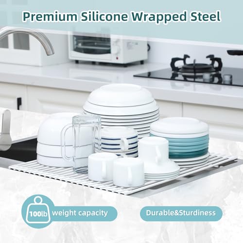 Ohuhu Over Sink Dish Drying Rack, 17.6" W x 15.4" L Roll Up Dish Racks Kitchen Sink Organizer Silicone Wrapped Large in Sink Dish Drying Rack Foldable Rolling Drain Mats Anti-Slip - color: White, size: 17.6"W x 15.4"L