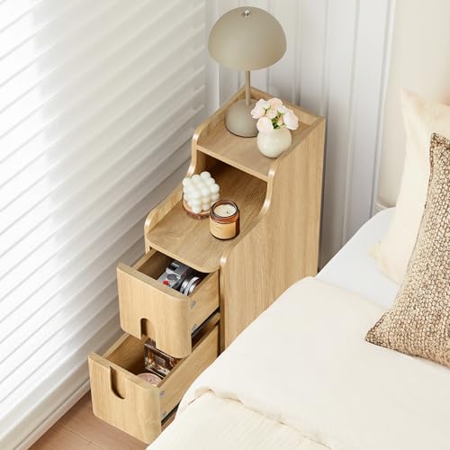 Small Nightstand Set of 2, Wood 2 Drawer Narrow Nightstand, Slim Side Table, Modern Skinny End Bedside Table, Natural Wood Night Stand with Drawers for Bedroom (Natural-2 pcs) - color: Natural-2 Pcs