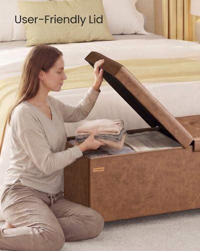 SONGMICS Storage Ottoman Bench with Legs, Folding Ottoman Foot Rest with Flipping Lid, Bench with Storage, for Living Room, Bedroom, Entryway, Synthetic Leather, 43.3 Inches, Coffee Brown ULSF085KQ01 - color: Coffee Brown, style: with Flipping Lid