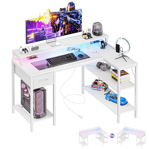 DUMOS 47 Inch Gaming Desk, Monitor Stand, LED Lights, Storage Shelves | USB Charging Ports, Power Outlets, Reversible L Shaped Corner, Small Spaces, White - color: White, size: 31.5‘’x 31.8'' x 47''