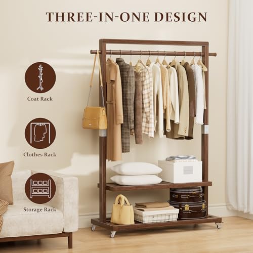 Solid Wood Clothes Rack with Wheels 3-in-1 Garment Rack Extra Long Rod 2 Shelves - size: S-12.6"D x 33.5"W x 66.1"H