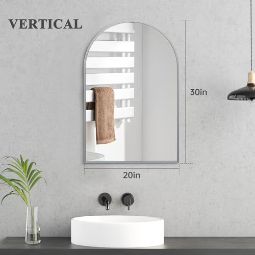 Silver Arched Mirror 20x30in, Metal Framed Bathroom Vanity Wall | Tempered Glass, Shatter Proof, Living Room Bedroom Entryway, Modern Elegant Design - color: Silver, size: 30"L x 20"W, style: Arched