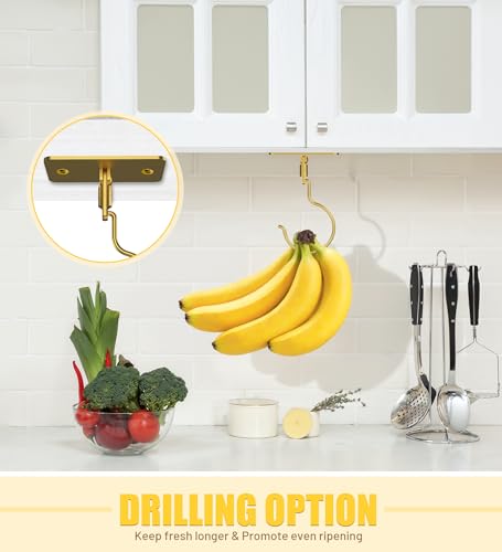 Banana Hook, Metal Banana Hanger Under Cabinet, Gold, 1 Pcs | 2 Mount Options, 360° Rotatable, Magnetic Foldable, Compact Size, Suits for Fruits, Cups, Mugs, Utensils, Oven Mitts, Towels - color: Gold