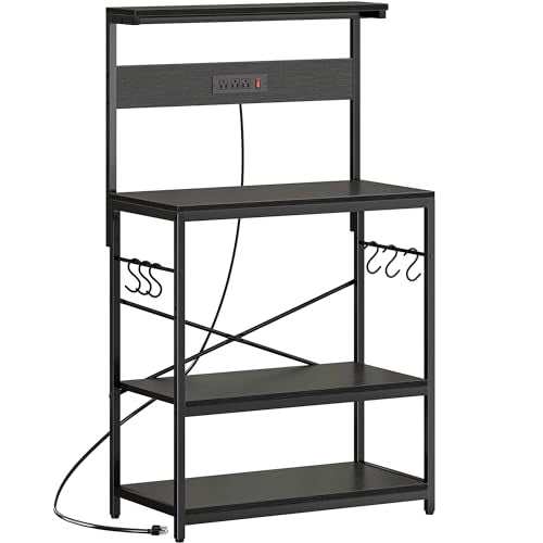 SUPERJARE Bakers Rack with Power Outlets, Microwave Stand, 31.5 X 16.5 Inch Larger Desktop, Kitchen Storage Rack with Adjustable Middle Shelf, 6 S-Shaped Hooks, Coffee Bar Stand, Black - color: Black, size: 31.5 inch