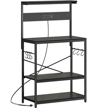 SUPERJARE Bakers Rack with Power Outlets, Microwave Stand, 31.5 X 16.5 Inch Larger Desktop, Kitchen Storage Rack with Adjustable Middle Shelf, 6 S-Shaped Hooks, Coffee Bar Stand, Black - color: Black, size: 31.5 inch