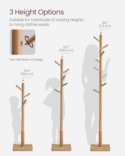 VASAGLE Solid Wood Coat Rack, Free Standing Hall Coat Tree with 8 Hooks, 3 Height Options, for Coats, Hats, Bags, Purses, for Entryway, Hallway, Rubberwood Hooks and Pole, Natural Beige URCR010N01 - color: Natural Beige, style: Square Base + Cylindrical H