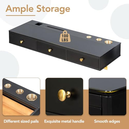 47" Floating Shelf with Drawer, Multi-Purpose Wall-Mounted Vanity Table, Mounted Desk, Floating Table for Bedroom, Bathroom, Hairdressers, Black and Golden (Black + MDF+Glass + 3 Drawers)