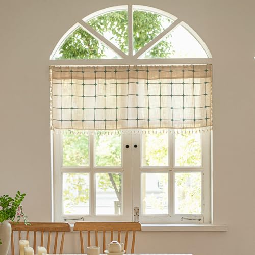 Deeprove Boho Curtain Valance 18 Inches Length Bohemian Lattice Gingham Textured Embroidery Plaids, Vintage Chic Tassels Casual Easter Decor Drapes Rod Pocket, 1 Panel W52 x L18 Beige Turquoise - color: Beige + Turquoise, size: 52"W x 18"L (Pack of 1)