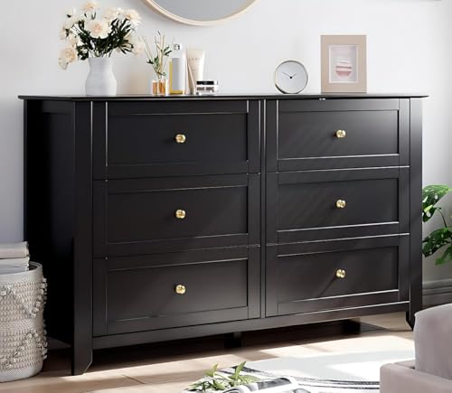IDEALHOUSE 6 Chest of Drawers for Bedroom, 54''L Drawer Dresser, Black | Simply 6 Drawer Dresser for Hallway Entryway, 15.8"D x 54"W x 31.5"H, Modern Lacquered Storage Organizer for Living Room - color: Black, size: 15.8"D x 54"W x 31.5"H (6 Drawers)