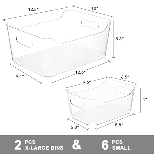 Tiawudi Set of 8 Clear Plastic Storage Bins, 2 Extra Large and 6 Small Storage Containers for Pantry Organization, Multi-Use Organizer Bins for Home, Kitchen, Cabinet, Bathroom, Fridge & Freezer