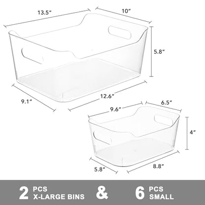 Tiawudi Set of 8 Clear Plastic Storage Bins, 2 Extra Large and 6 Small Storage Containers for Pantry Organization, Multi-Use Organizer Bins for Home, Kitchen, Cabinet, Bathroom, Fridge & Freezer