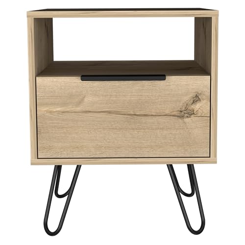 Tuhome Augusta Nightstand, Small Night Stand with Storage Drawer & Open Shelf, 22.2" Tall Narrow Bedside Table on Metal Hairpin Legs, Engineered Wood, Black or Light Oak - color: Light Oak
