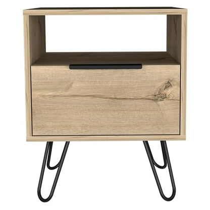 Tuhome Augusta Nightstand, Small Night Stand with Storage Drawer & Open Shelf, 22.2" Tall Narrow Bedside Table on Metal Hairpin Legs, Engineered Wood, Black or Light Oak - color: Light Oak